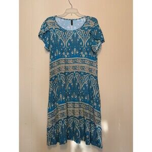 Hot Gift Large Woman’s Dress Blue Yellow Floral Knee Length Short Sleeve Ladie